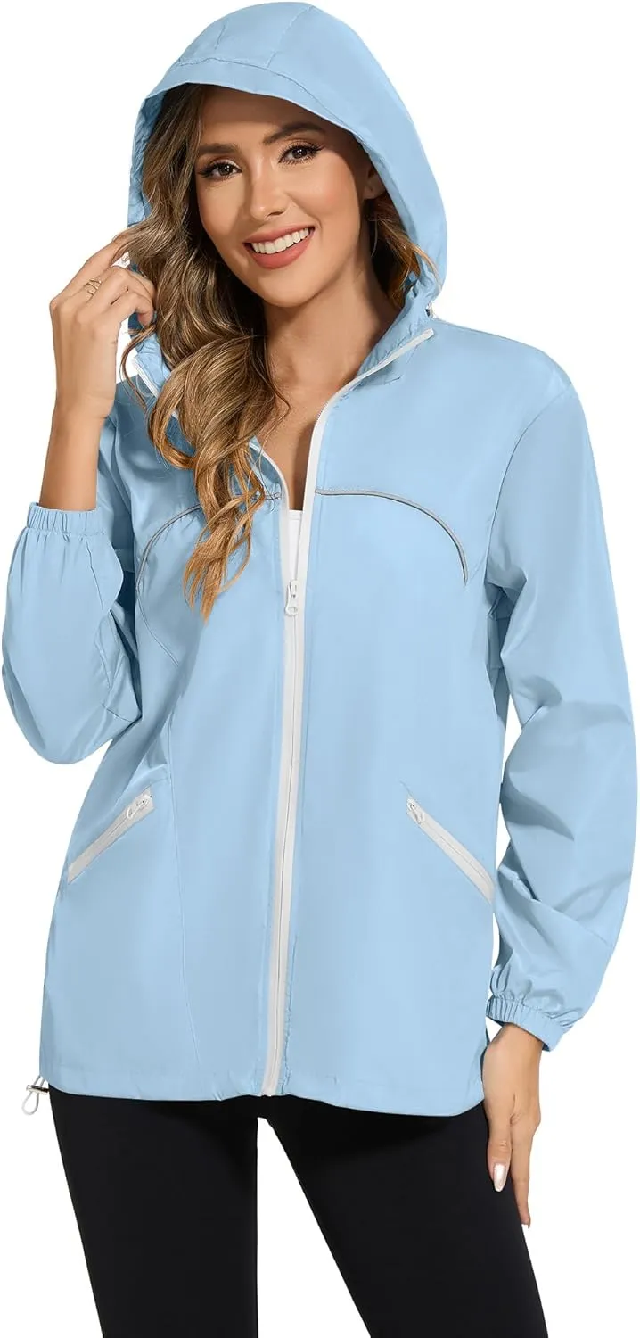 Avoogue Waterproof Jacket with Hood Packable Raincoats for Women Reflective Jacket Windbreaker
