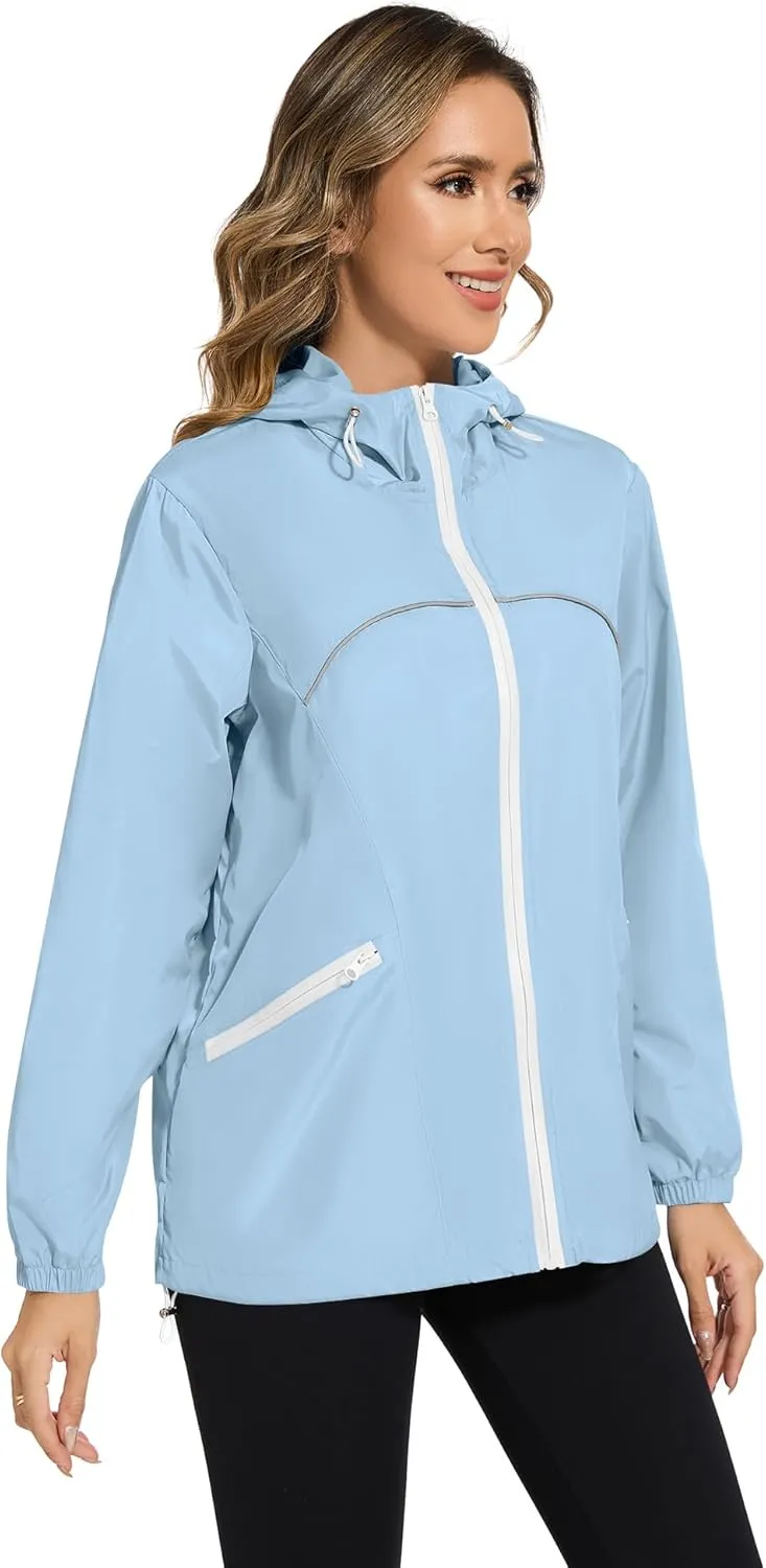 Avoogue Waterproof Jacket with Hood Packable Raincoats for Women Reflective Jacket Windbreaker