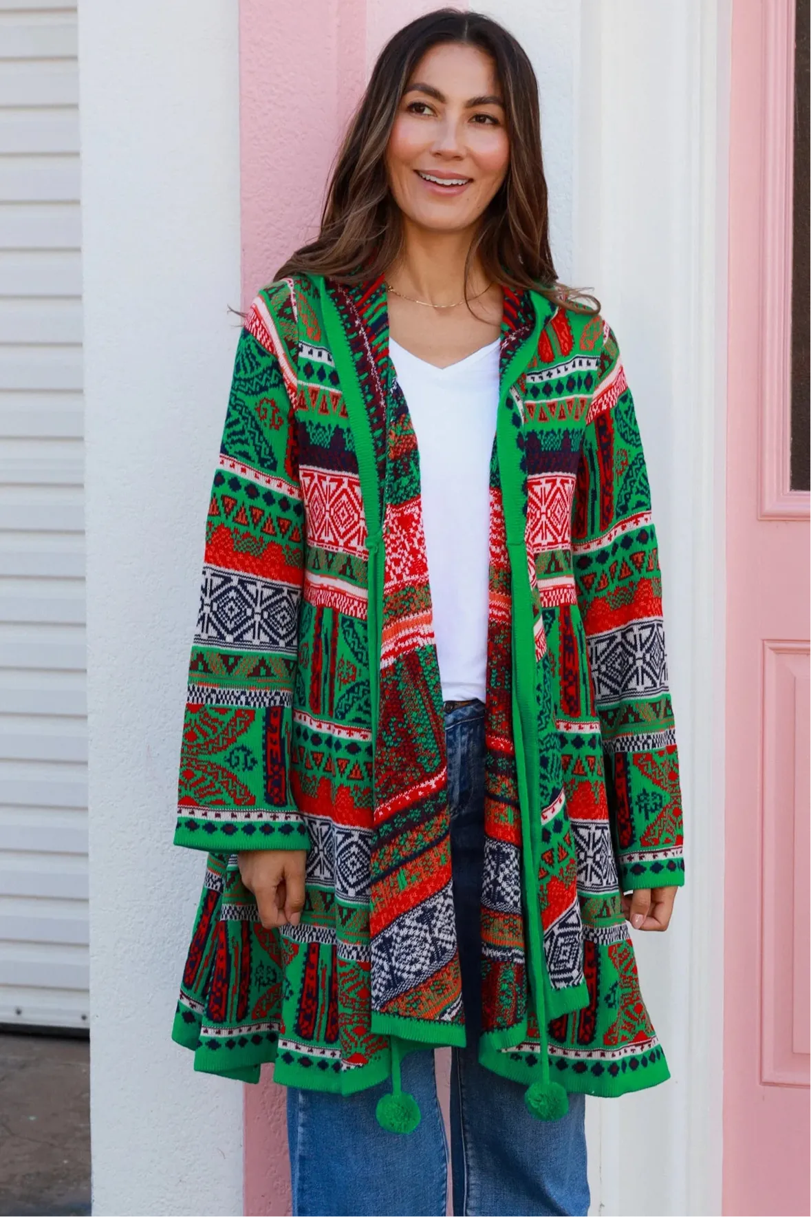 AZTEC SWING KNIT HOODIE JACKET EMERALD