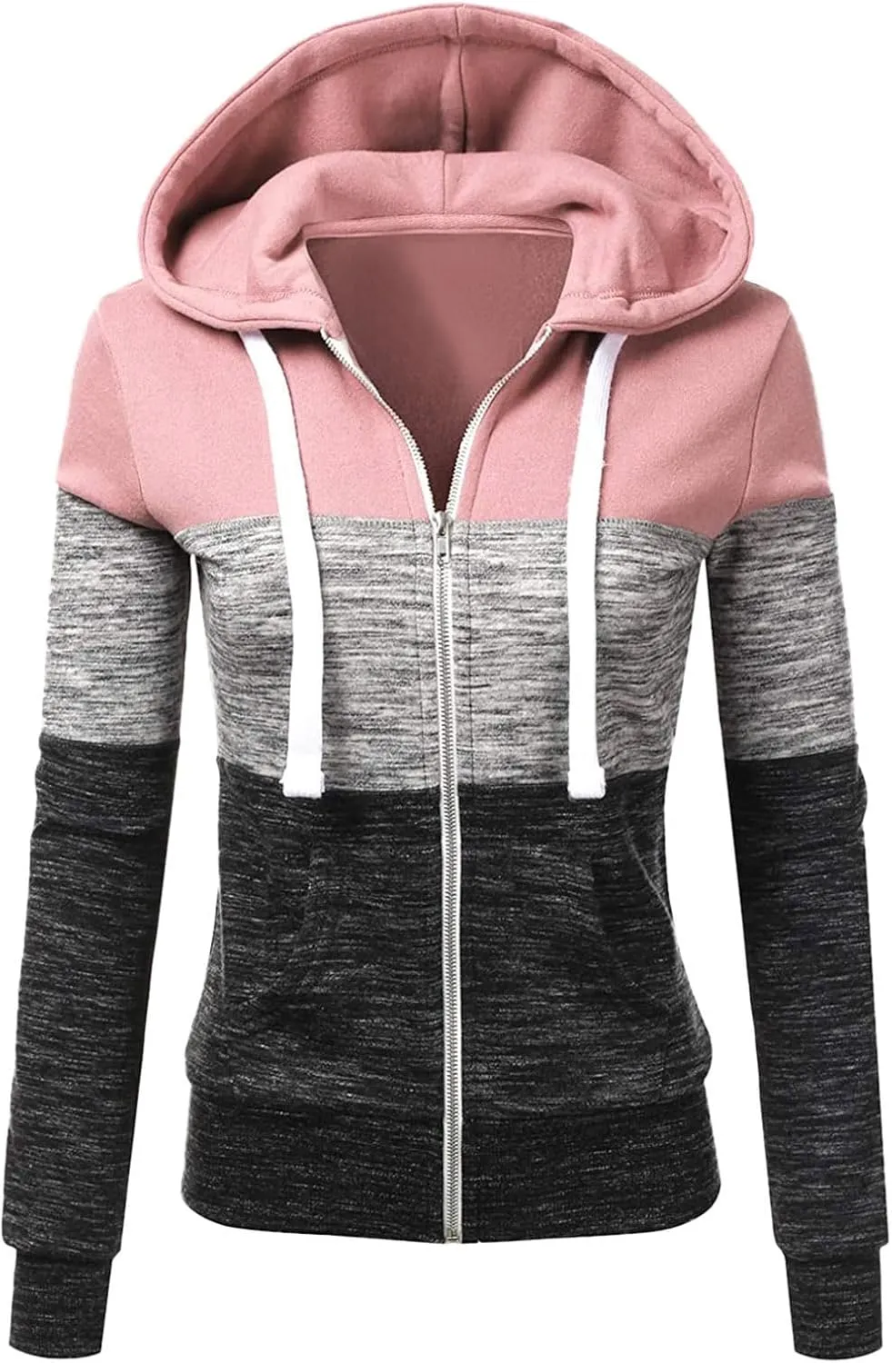 Color Block Zip Up Hoodies for Women Lightweight Thin Hooded Sweatshirt Long Sleeve Top with Pockets