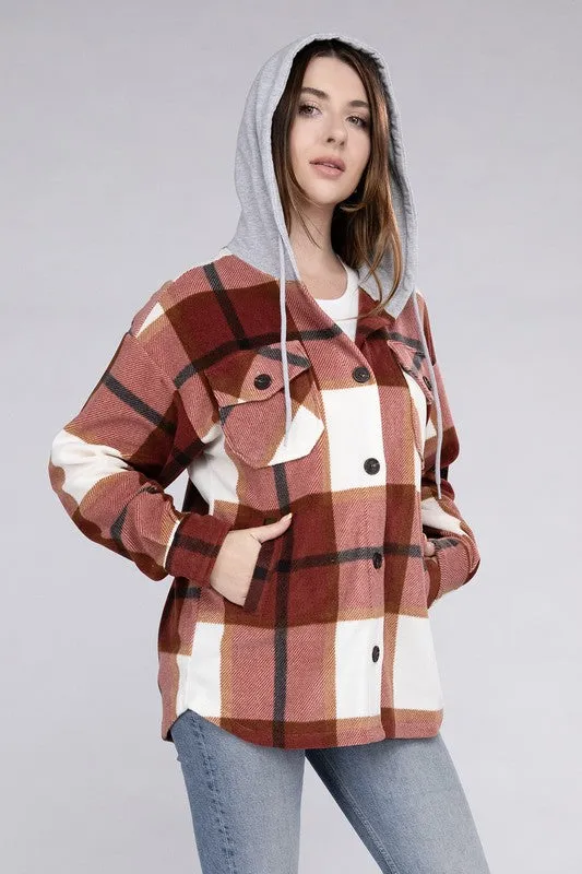 Comfy Casual Plaid Drawstring Hooded Fleece Shacket