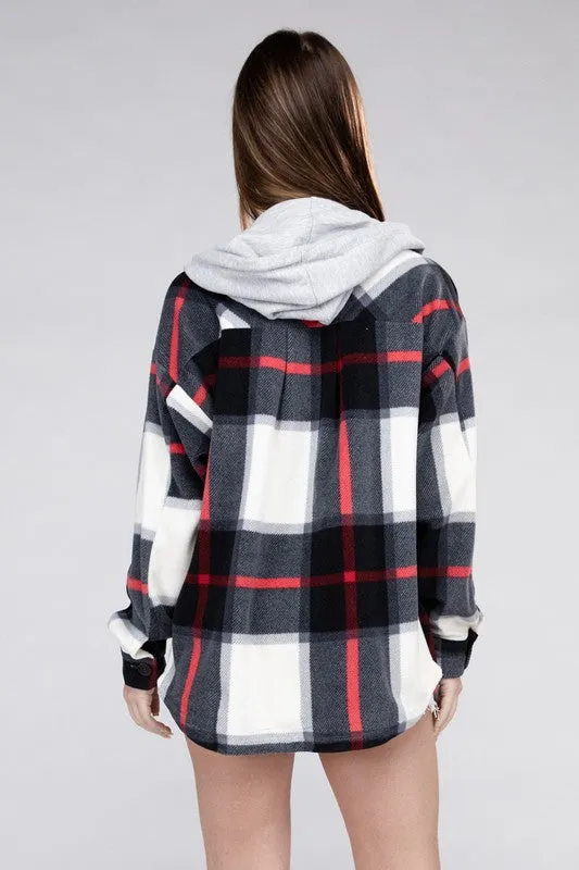 Comfy Casual Plaid Drawstring Hooded Fleece Shacket