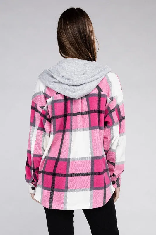 Comfy Casual Plaid Drawstring Hooded Fleece Shacket