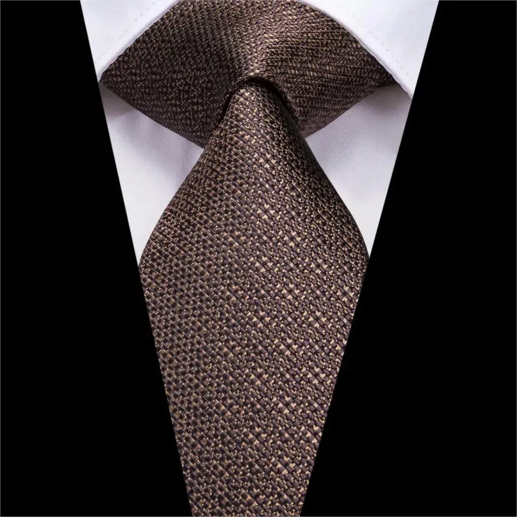 Elegant Silk Brown Necktie Set with Pocket Square & Cufflinks
