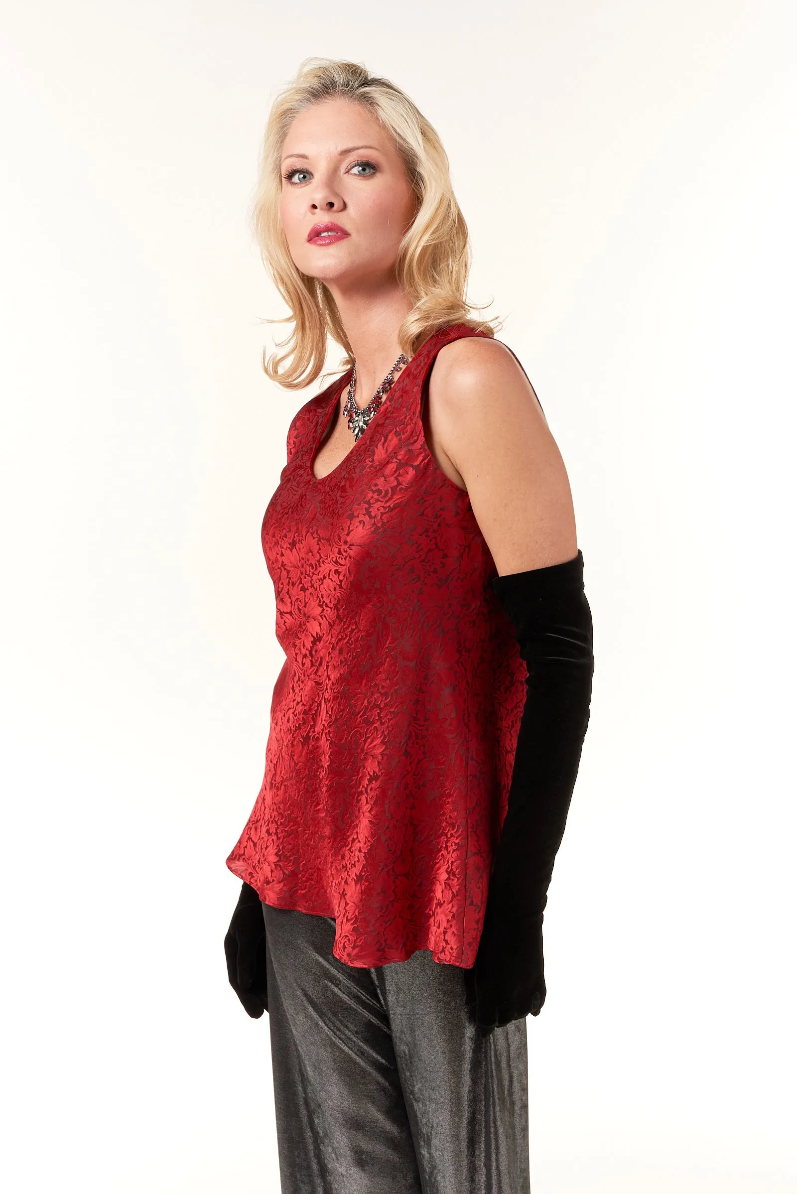 Garbolino Couture, Silk Jacquard Bias Cut Sleeveless Top in Red