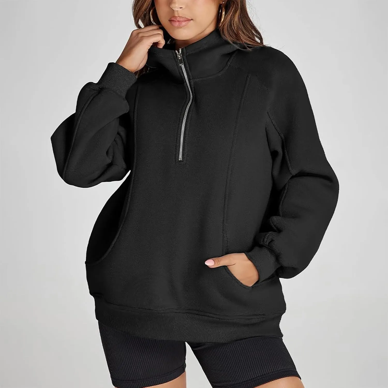 Half Zip Pullover Women Raglan Sleeve Hooded Fleece Sweatshirt with Pockets Relaxed Fit Oversized Hoodies Preppy Tops