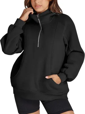Half Zip Pullover Women Raglan Sleeve Hooded Fleece Sweatshirt with Pockets Relaxed Fit Oversized Hoodies Preppy Tops