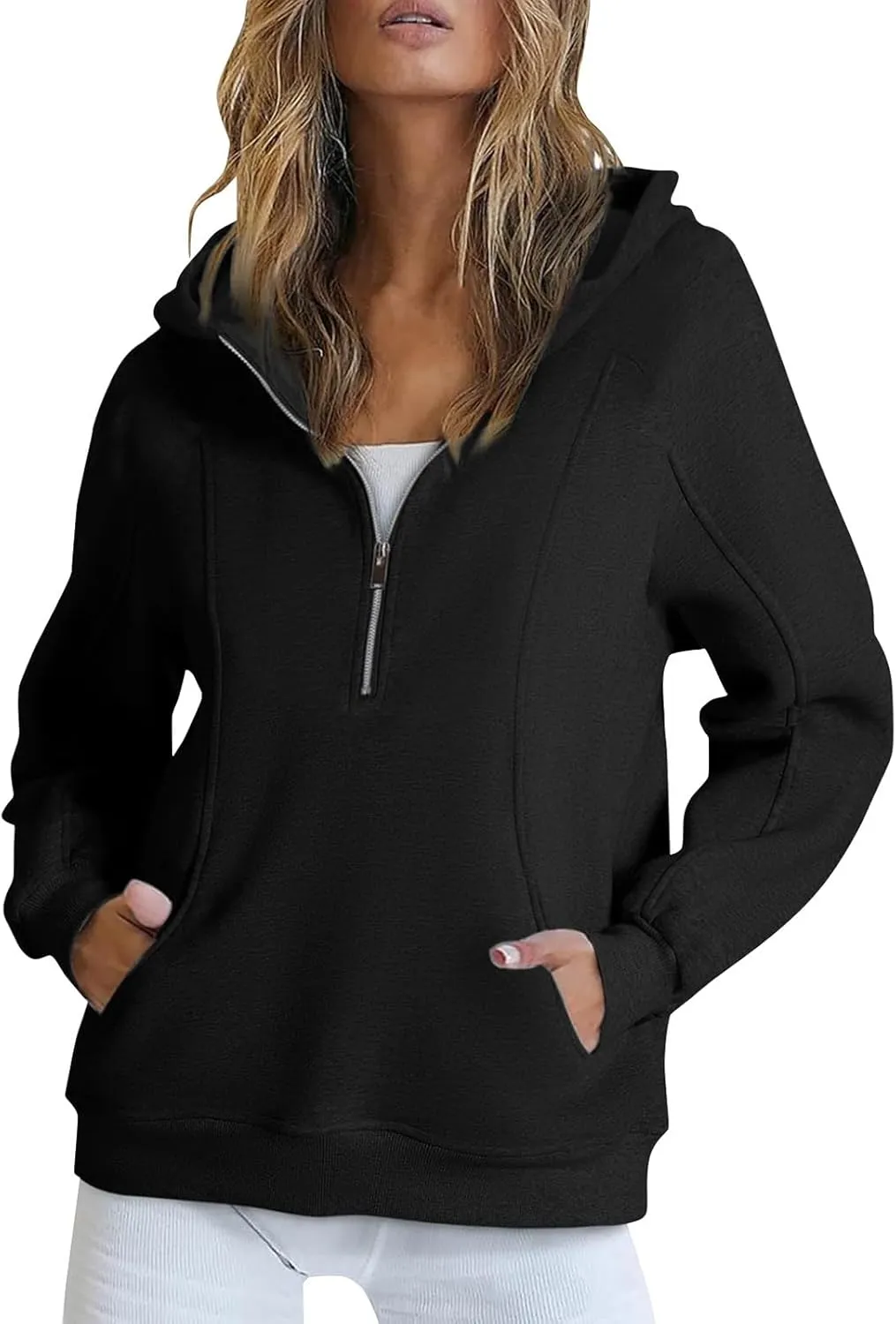 Half Zip Pullover Women Raglan Sleeve Hooded Fleece Sweatshirt with Pockets Relaxed Fit Oversized Hoodies Preppy Tops