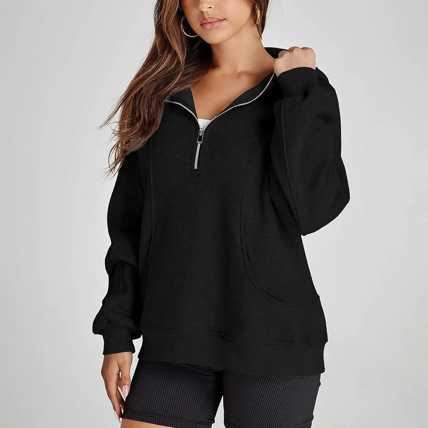 Half Zip Pullover Women Raglan Sleeve Hooded Fleece Sweatshirt with Pockets Relaxed Fit Oversized Hoodies Preppy Tops