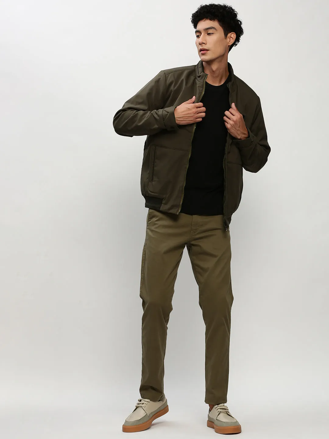 Men Olive Stand Collar Taslon Bomber Jacket