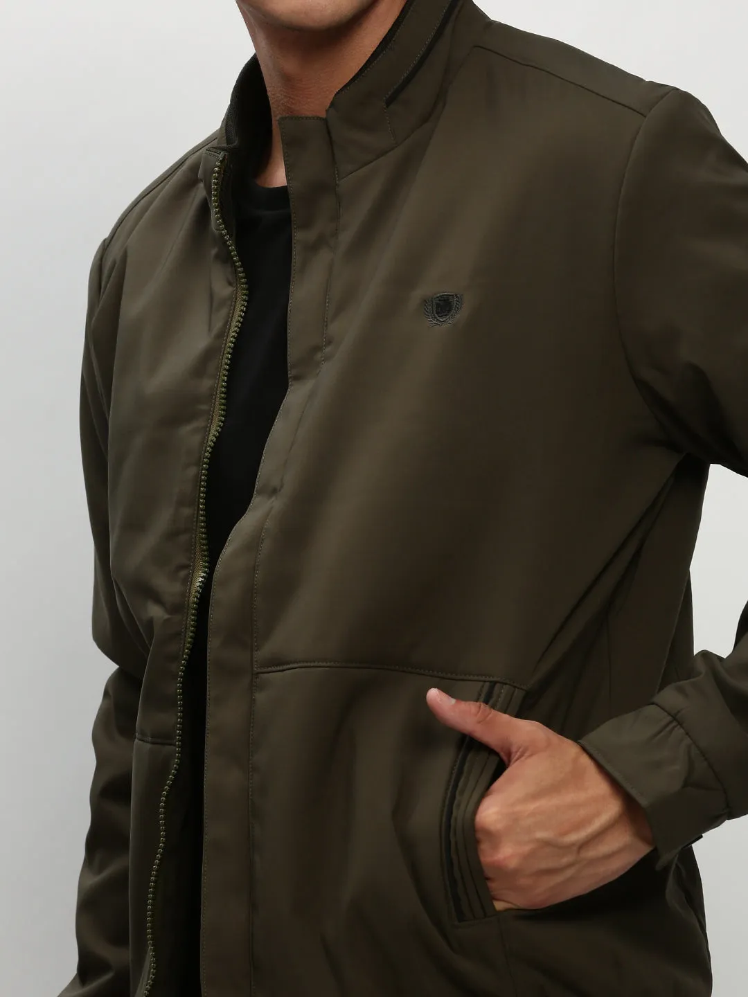 Men Olive Stand Collar Taslon Bomber Jacket