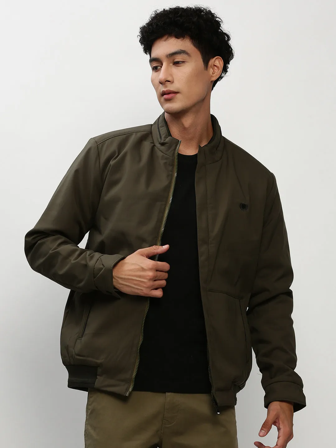 Men Olive Stand Collar Taslon Bomber Jacket
