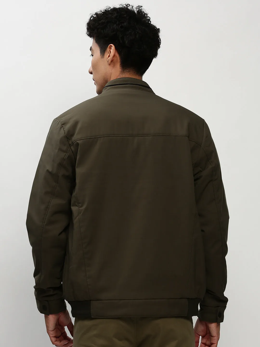 Men Olive Stand Collar Taslon Bomber Jacket