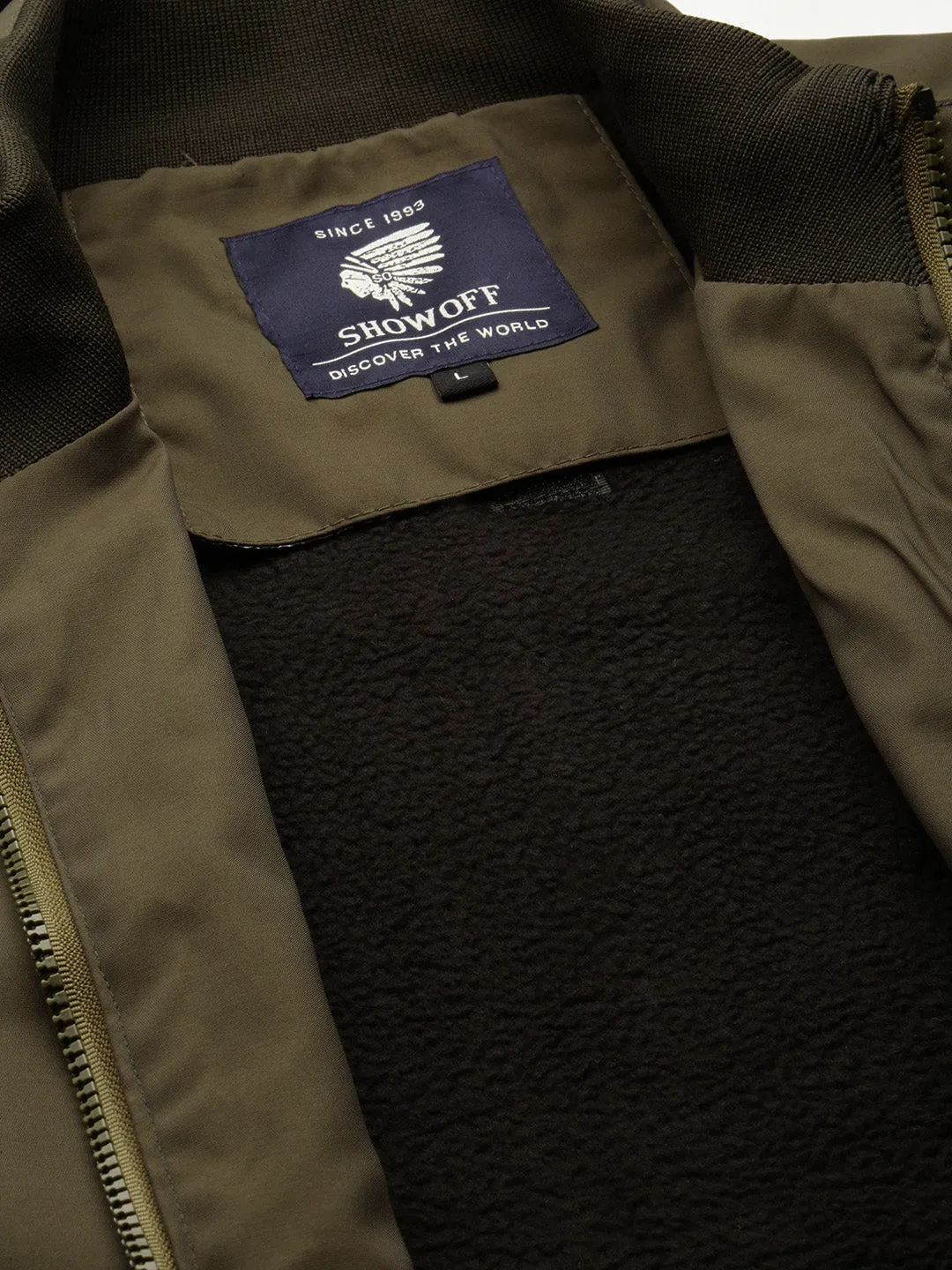 Men Olive Stand Collar Taslon Bomber Jacket