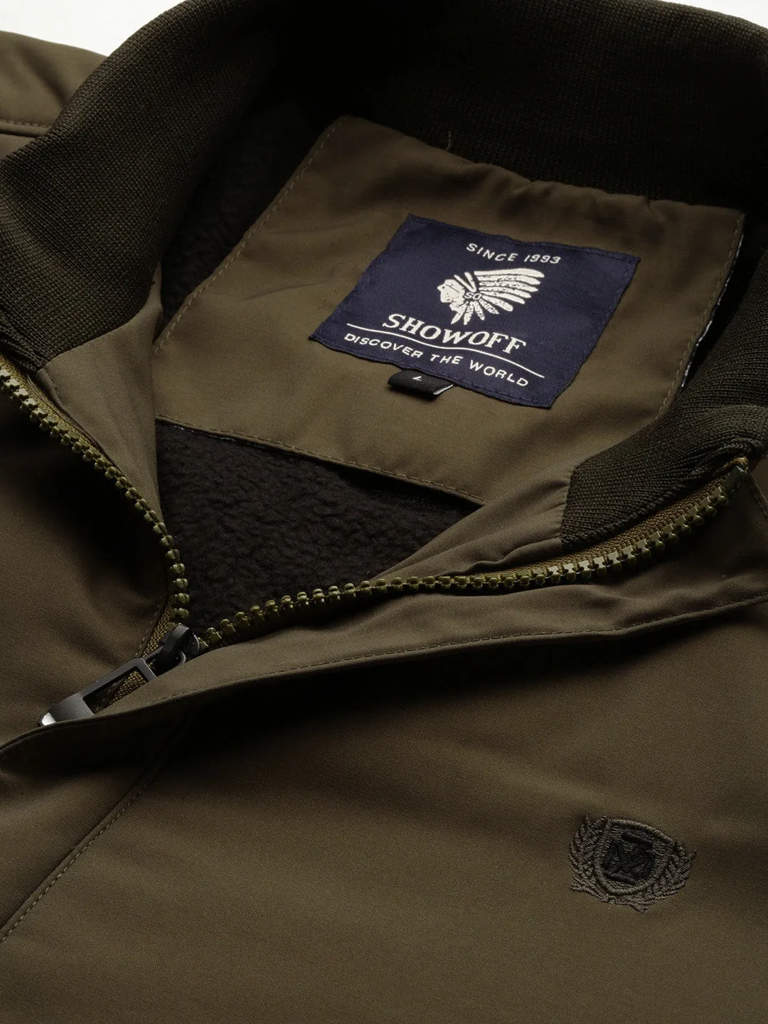 Men Olive Stand Collar Taslon Bomber Jacket