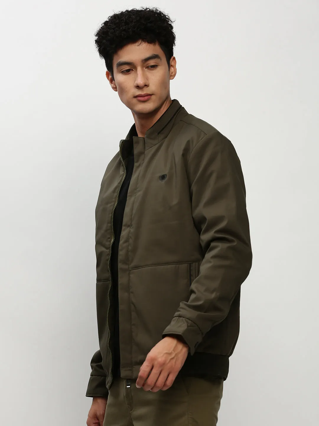 Men Olive Stand Collar Taslon Bomber Jacket