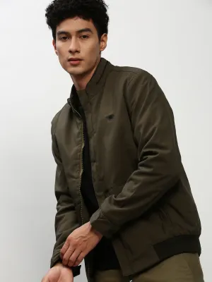 Men Olive Stand Collar Taslon Bomber Jacket