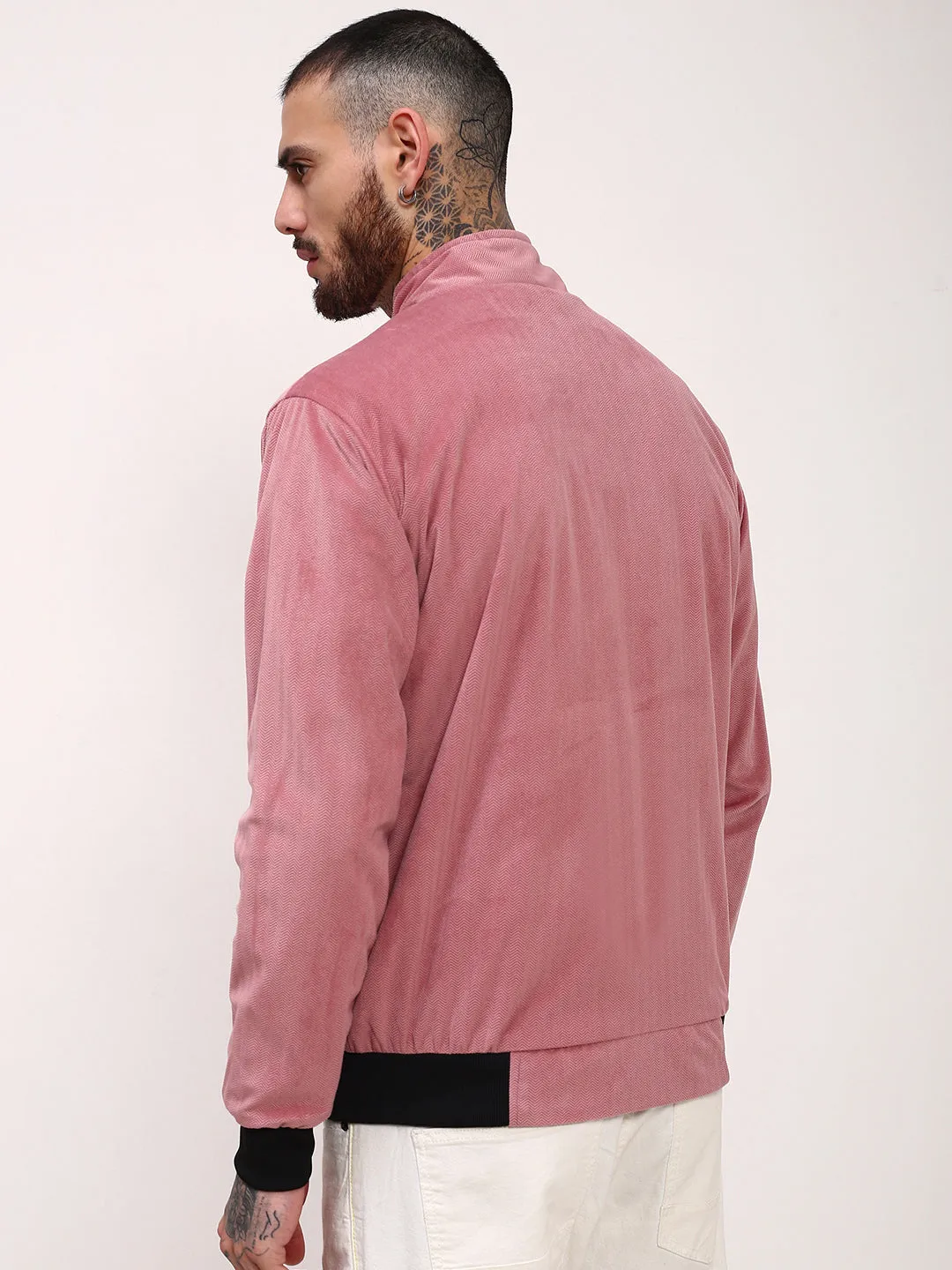 Men Pink Solid Bomber Jacket