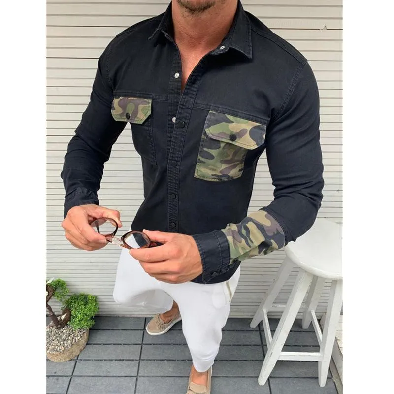 Men's Camouflage Colorblock Slim Denim Jacket 53212368L