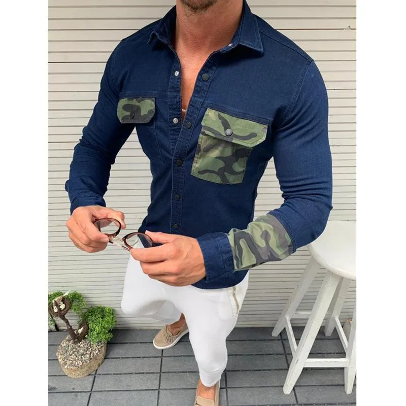 Men's Camouflage Colorblock Slim Denim Jacket 53212368L