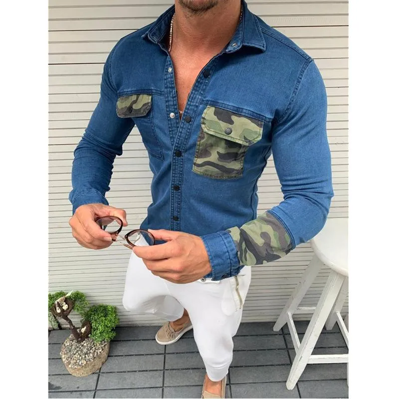 Men's Camouflage Colorblock Slim Denim Jacket 53212368L