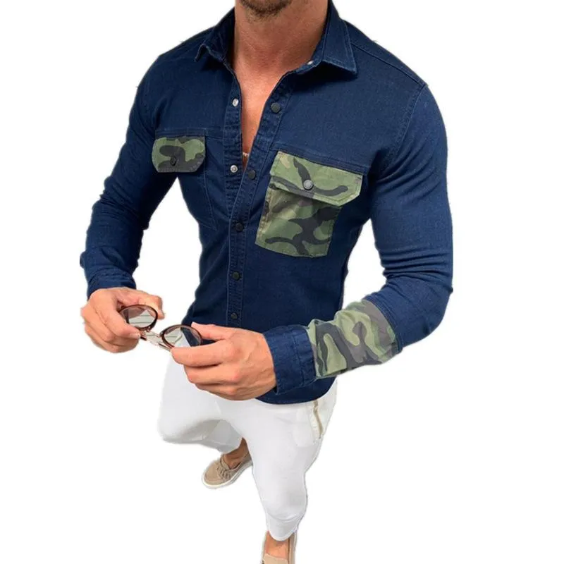 Men's Camouflage Colorblock Slim Denim Jacket 53212368L