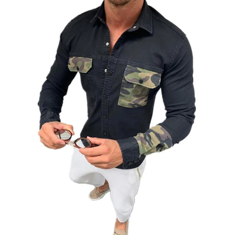 Men's Camouflage Colorblock Slim Denim Jacket 53212368L
