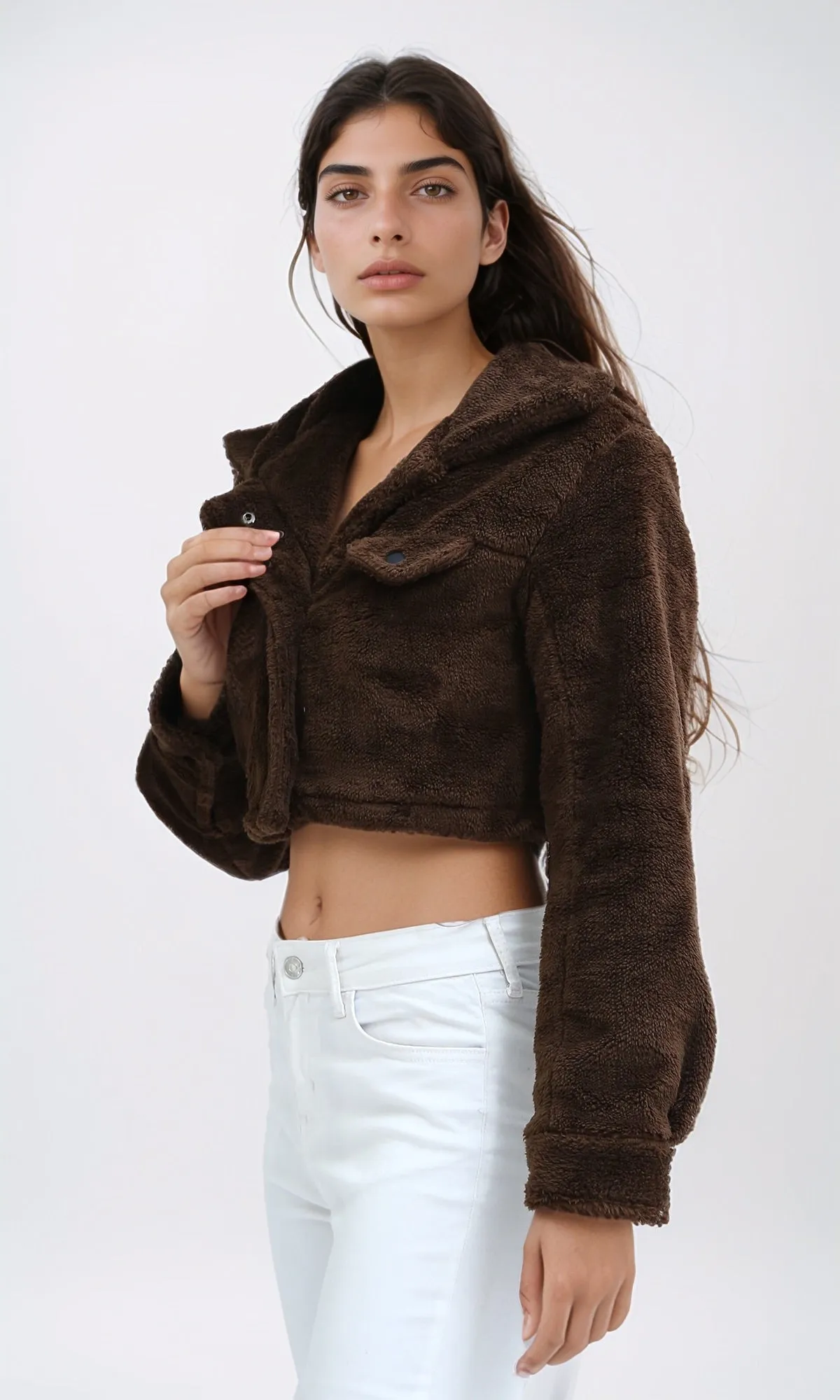 O194945 - Long Sleeves Faux Fur Brown Winter Jacket
