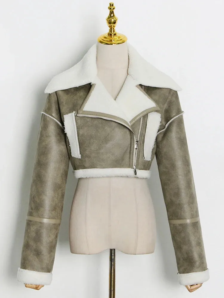 Women's Winter Streetwear Jacket  Short Zipper Coat with Turn-Down Collar