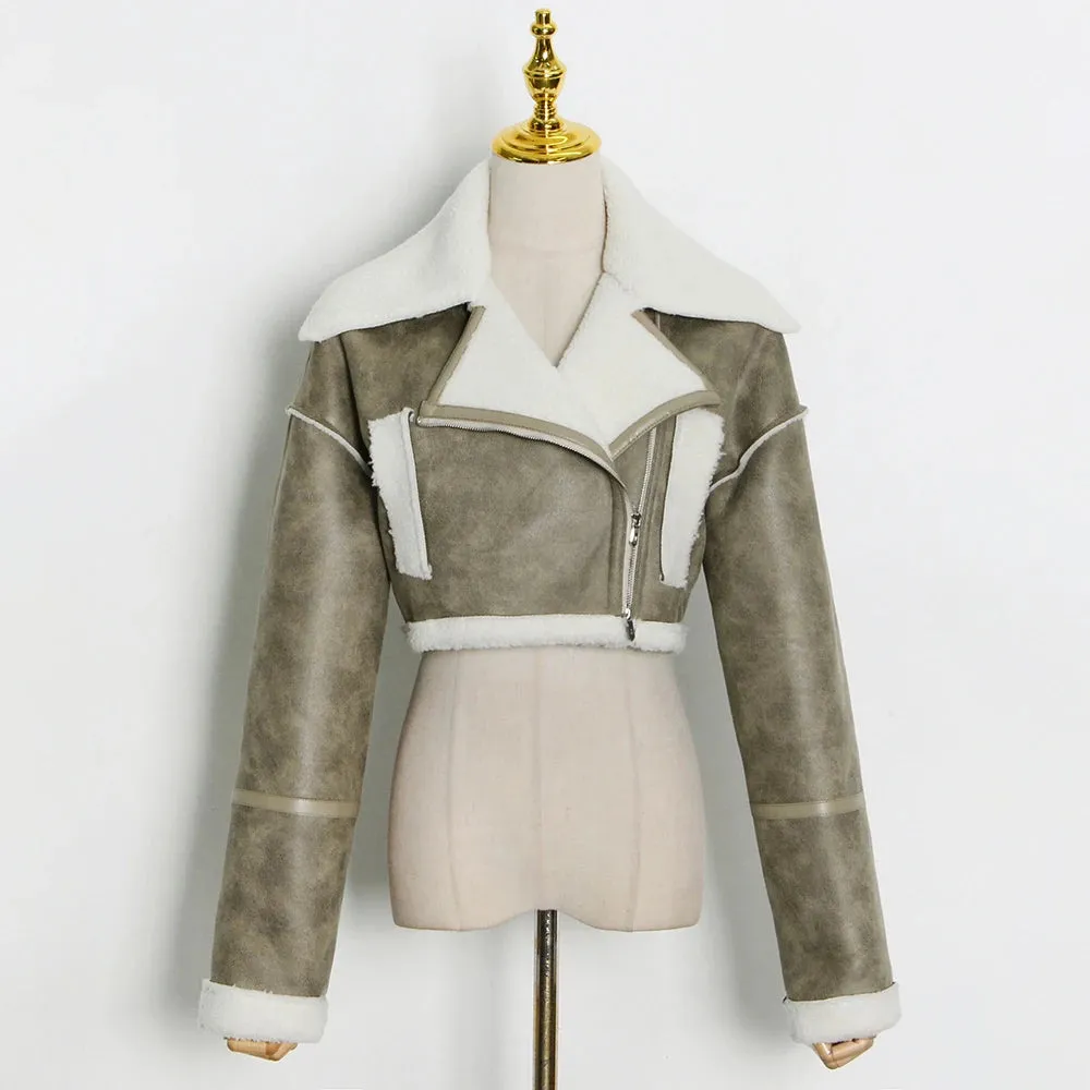 Women's Winter Streetwear Jacket  Short Zipper Coat with Turn-Down Collar